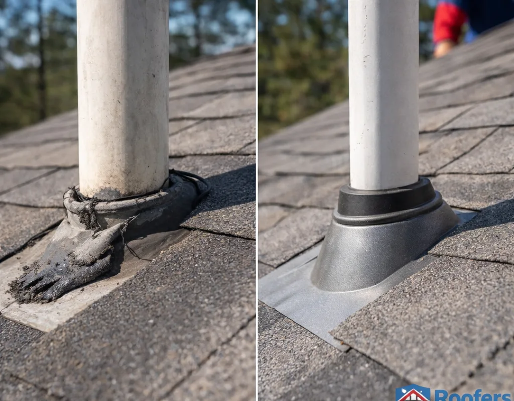 Before and after pipe boot repair showing failed sealing and corrected flashing integration