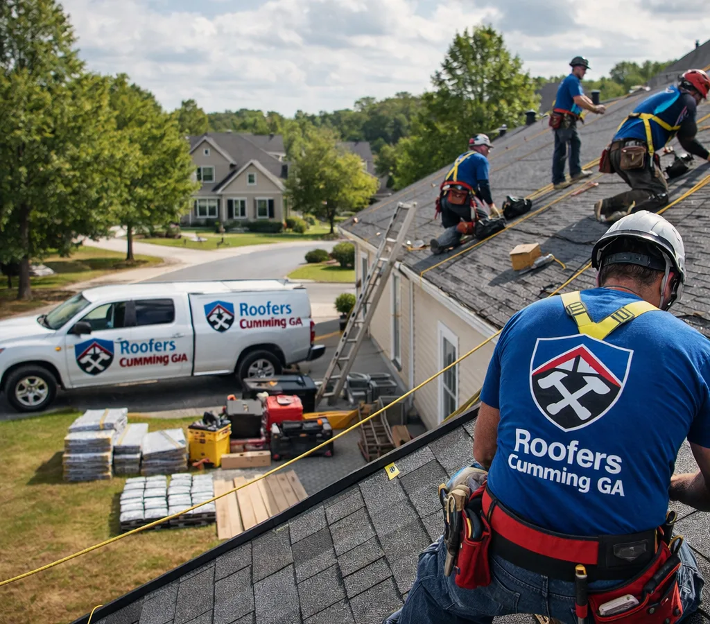 Roofing crew working with fall protection and neatly staged materials at a Cumming home