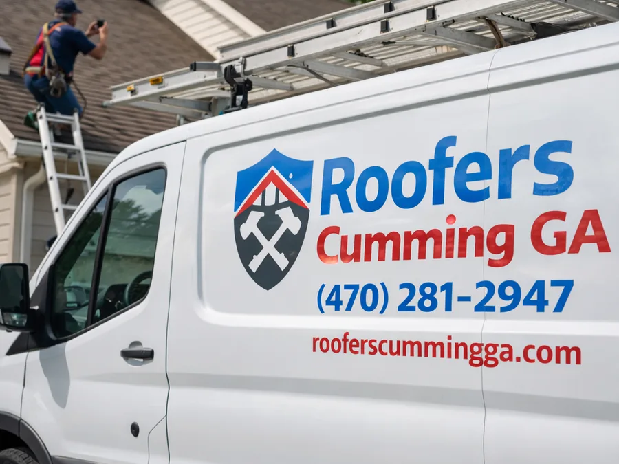 Roof inspector using a tied-off ladder and safety harness while photographing flashing and valleys