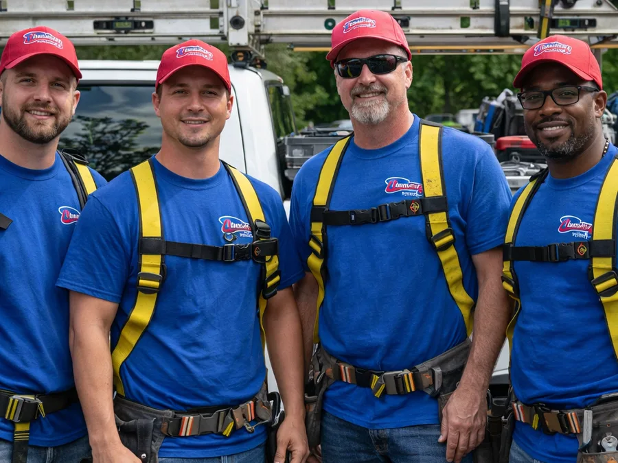 Roofing team in safety gear beside an organized work truck at a Cumming home